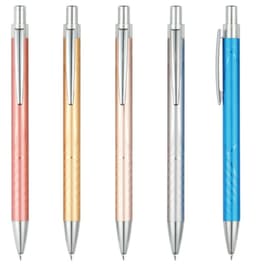 A selection of five Rocket aluminium pens in pink, gold, silver, blue, and a rose tone, each with a sleek design and clip.