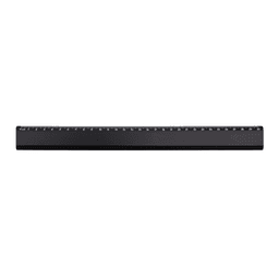 A black ruler with measurement markings along its length and a branded logo.