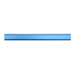 A blue ruler with measurement markings and a smooth finish, featuring a logo on one side.