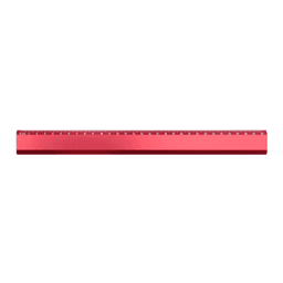 A red ruler with measurement markings, featuring a smooth finish and a logo.