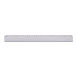 A grey ruler with measurement markings, featuring a smooth surface and a branding logo.