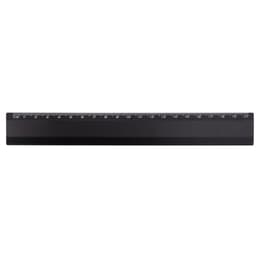 A black ruler with measurement markings, featuring a logo on one side.