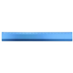 A blue ruler featuring measurements along one edge and a logo on the surface.
