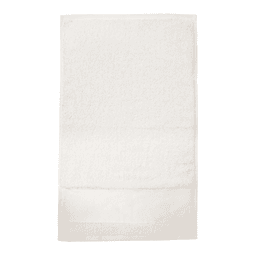 A white gym towel with a textured surface, positioned flat on a light background. It has a branding logo.