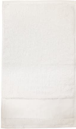 A white bath towel with a textured surface and a smooth border at the bottom. Features a logo in the corner.