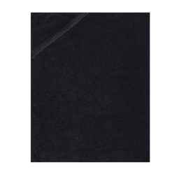 A soft black hand towel featuring a textured surface and a folded corner, with branding present.