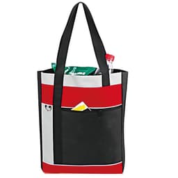 A tote bag in red, black, and grey with a front pocket, featuring a logo, and holding a drink bottle and snacks.