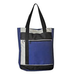 A tote bag featuring blue, grey, and black colours with a front zip pocket and a logo.
