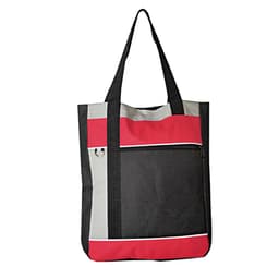 A tote bag featuring black, red, and grey panels, with a front zip pocket and shoulder straps.