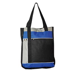 A tote bag featuring black, grey, and blue panels with black handles and a front pocket. It has a logo on it.