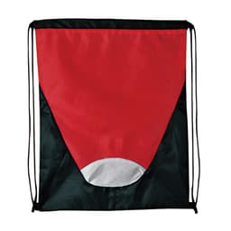 A drawstring bag featuring a red and black design with a white accent at the bottom. It has black cords for carrying.