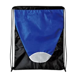 A drawstring backpack in blue and black, featuring a grey accent at the bottom and black cord straps.