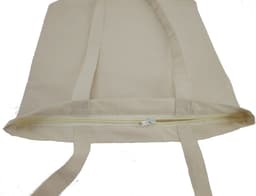 A canvas tote bag in a natural beige colour with a zipped top and two handles.
