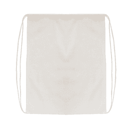 A drawstring bag in a light beige colour with two cord straps on either side.