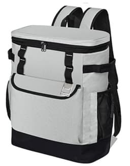 A grey and black cooler backpack features a zippered top, front pocket, and side mesh pocket, with adjustable shoulder straps.