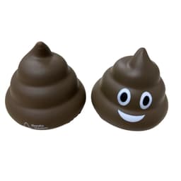 A brown, poop-shaped stress reliever with a smiling face and a small logo on one side.
