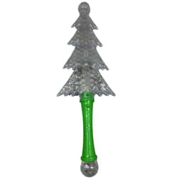 A light-up wand toy in the shape of a Christmas tree, featuring a green handle and a glittery silver tree top.