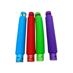 Four stretchable tubes in blue, red, green, and purple, featuring a logo on the top of each.