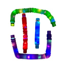 A set of brightly coloured stretchable tubes in green, red, blue, and purple, featuring integrated lights and a logo.