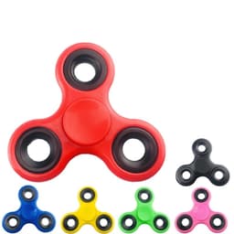 A red fidget spinner with black bearings, surrounded by green, blue, yellow, and pink spinners.