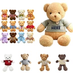 A collection of plush teddy bears in various colours and sizes, with one bear wearing a shirt featuring a logo.