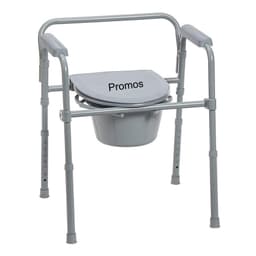 A grey portable toilet with a metal frame and handles, featuring a bucket underneath and a lid.