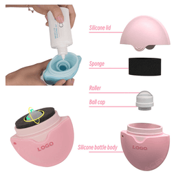 A pink silicone bottle with a lid, sponge, roller, and ball cap, featuring a logo. Various components are visible.