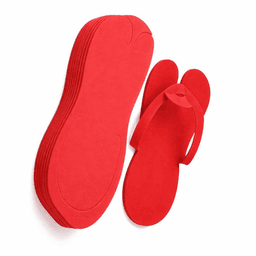 A red flip-flop and matching insole, both featuring a simple design. The insole is stacked in layers beside the flip-flop.