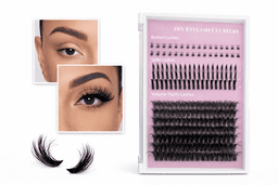 A display of DIY eyelash clusters featuring various styles, including spiked and volume fluffy lashes, on a purple background.