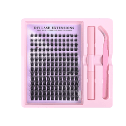 A packaging tray of DIY lash extensions in black, featuring various lengths and a pink applicator tool beside it.