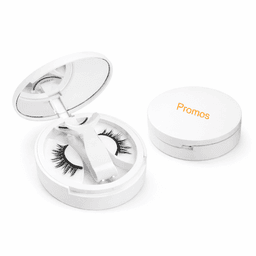 A beauty product set featuring false eyelashes and an applicator in a white case with a lid.