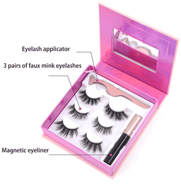 A cosmetic box containing three pairs of faux mink eyelashes, an eyelash applicator, and magnetic eyeliner, all in a pink packaging.