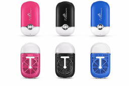A portable fan in pink, black, and blue, featuring a compact design and a logo on each unit.