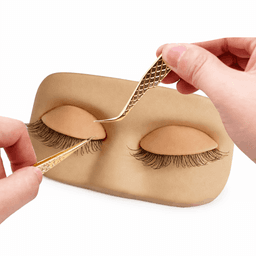 A practice lash extension training pad featuring two realistic eyelids with eyelashes, being used with tweezers.