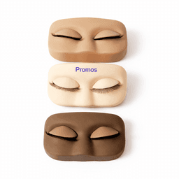 A set of three eyelash display cases in light, medium, and dark skin tones, featuring realistic closed eyes and lashes.