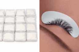A set of small clear containers with a cream product and a close-up of long, fluffy false eyelashes.