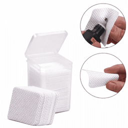 A container holding multiple white adhesive patches, some shown being applied or handled. The container has a clear lid.