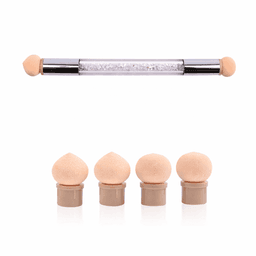 A makeup applicator set featuring a clear cylindrical tool with four beige sponge tips, each with a rounded shape.