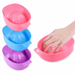 A set of three colourful plastic nail art bowls in pink, blue, and purple, with a hand reaching into the pink bowl.