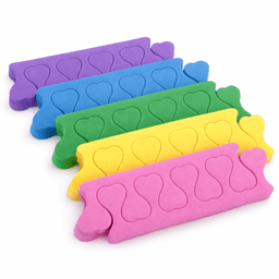 A set of rubber dog toys in purple, green, yellow, and pink, featuring heart-shaped cutouts. Each toy has a bone shape.