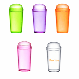 A set of drink bottles in green, purple, orange, pink, and clear with a dome lid and a logo on one.