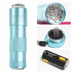 A blue torch featuring multiple LED lights, a textured grip, and a removable battery compartment.
