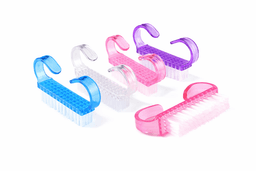 A set of five plastic cleaning brushes in blue, clear, pink, and purple. Each brush has a curved handle and bristles.