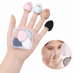 A hand displaying various coloured makeup sponges in a clear case, with a person applying makeup in a mirror.