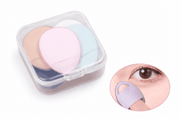 A set of four silicone applicators in peach, blue, purple, and pink, packaged in a clear case.