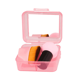 A pink makeup case containing a brush, a sponge, and a small mirror, all inside a transparent box.