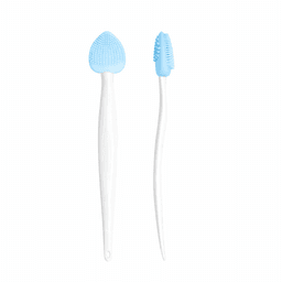 A silicone toothbrush set featuring a blue and white colour scheme, with two different brush head designs.
