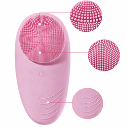 A pink facial cleansing device featuring various textured surfaces for different skin care needs. It has a branding logo.