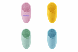 A set of four facial cleansing devices in pink, yellow, green, and blue, each featuring a logo.