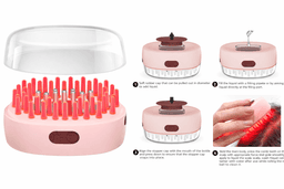 A hairbrush-cleaning device with a pink body, rubber bristles, and a clear lid, featuring various instructional images.